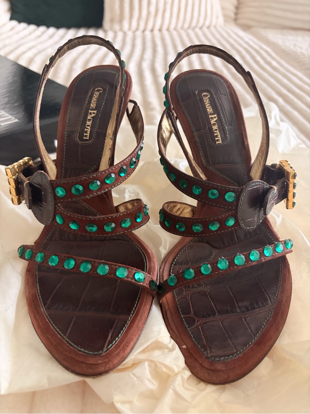 Cesare Paciotti Brown Leather Slingback Heels with Emerald Stones